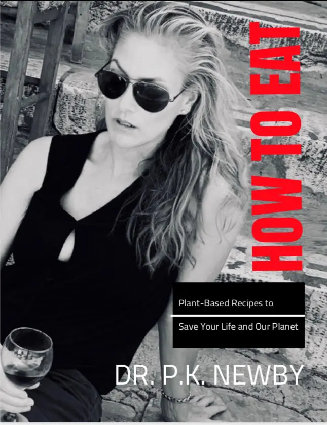 Black-and-white photo of a woman with sunglasses and a bold red text overlay.