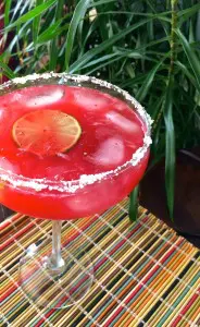 A vibrant red cocktail garnished with a lime slice and salt rim.