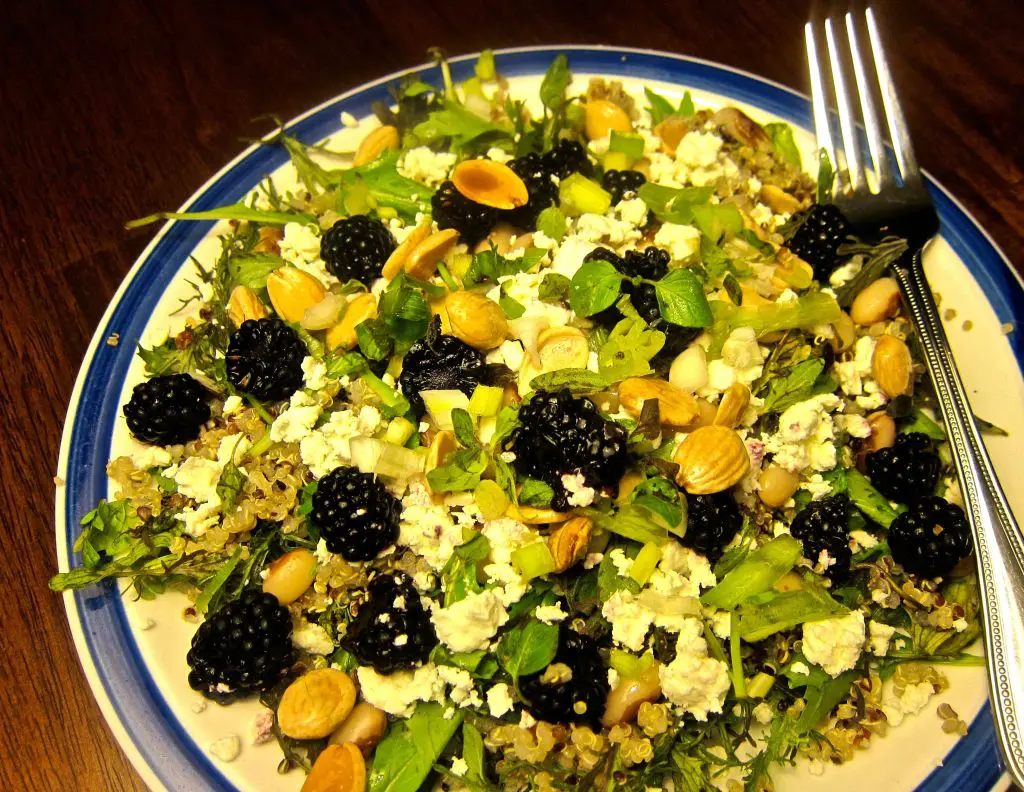 A fresh salad with blackberries, nuts, and greens on a colorful plate.