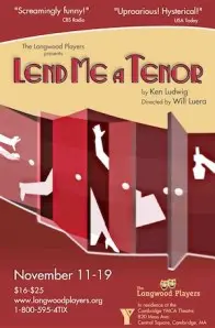 Cover art for 'Lend Me a Tenor' featuring stylized red partitions and white silhouettes.