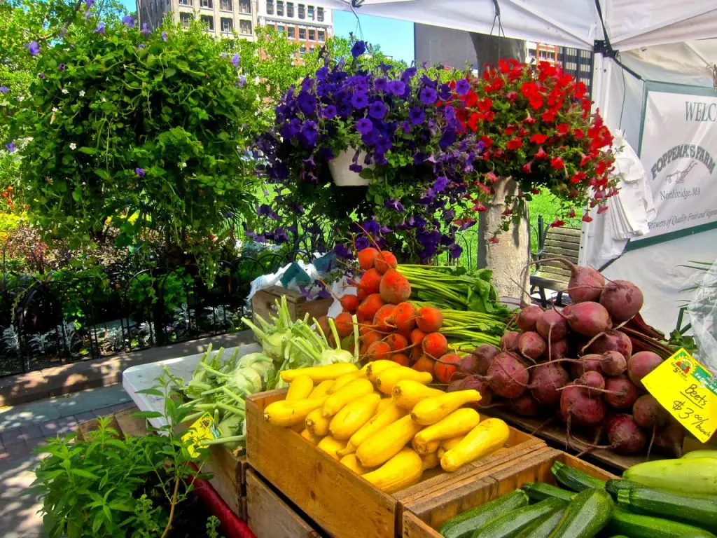 Colorful fresh fruits and flowers displayed at an outdoor market.