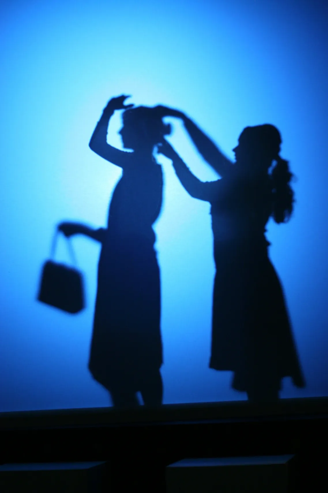 Silhouettes of two women, one adjusting the other's hair against a blue background.