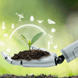 A robotic hand holding soil with a growing plant symbolizing technology and environmental care.