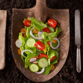 Fresh vegetable salad served on a rustic wooden board with cutlery.