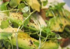 Close-up of avocado toast topped with sprouts and seasoning.