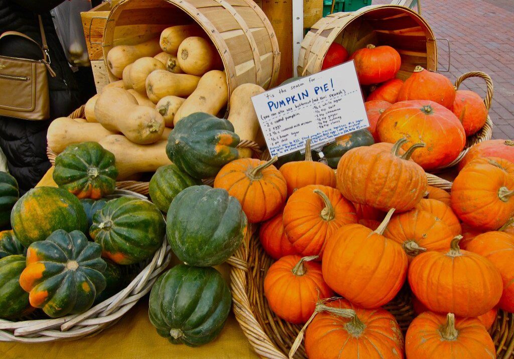 Baskets of small pumpkins and squash at a market.