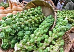Fresh Brussels sprouts spilling from a basket at a market.