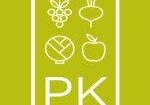 Minimalist logo with fruits and vegetables above initials PK on green.