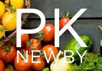Fresh vegetables including tomatoes, cucumbers, and leafy greens with 'PK NEWBY' text overlay.