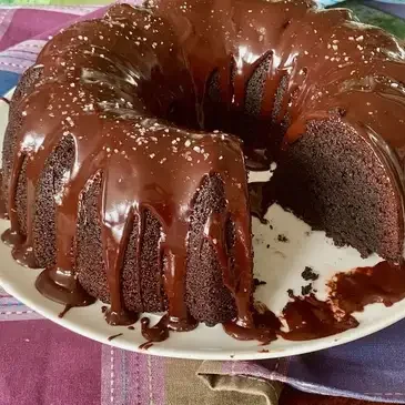 Chocolate bundt cake with rich glaze topping.