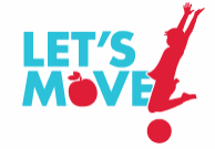 Silhouette jumping with 'Let's Move' text, emphasizing health and activity.