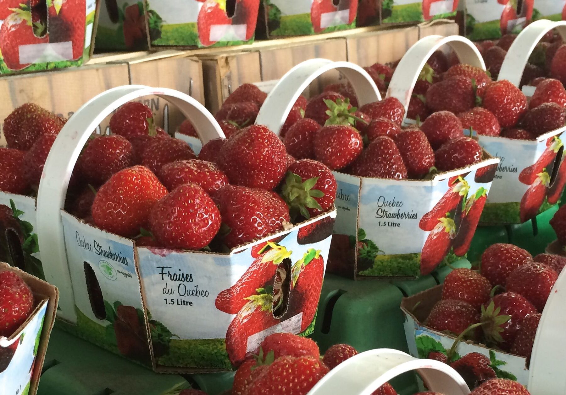 Fresh strawberries in white baskets at a market.